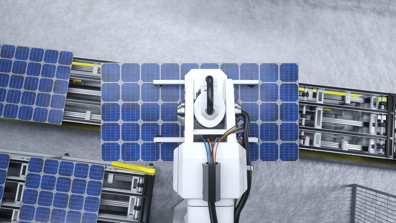 Bras robot industriel manipulant une pièce lourde dans une usine moderne, illustration de l'automatisation pour l'énergie durable.