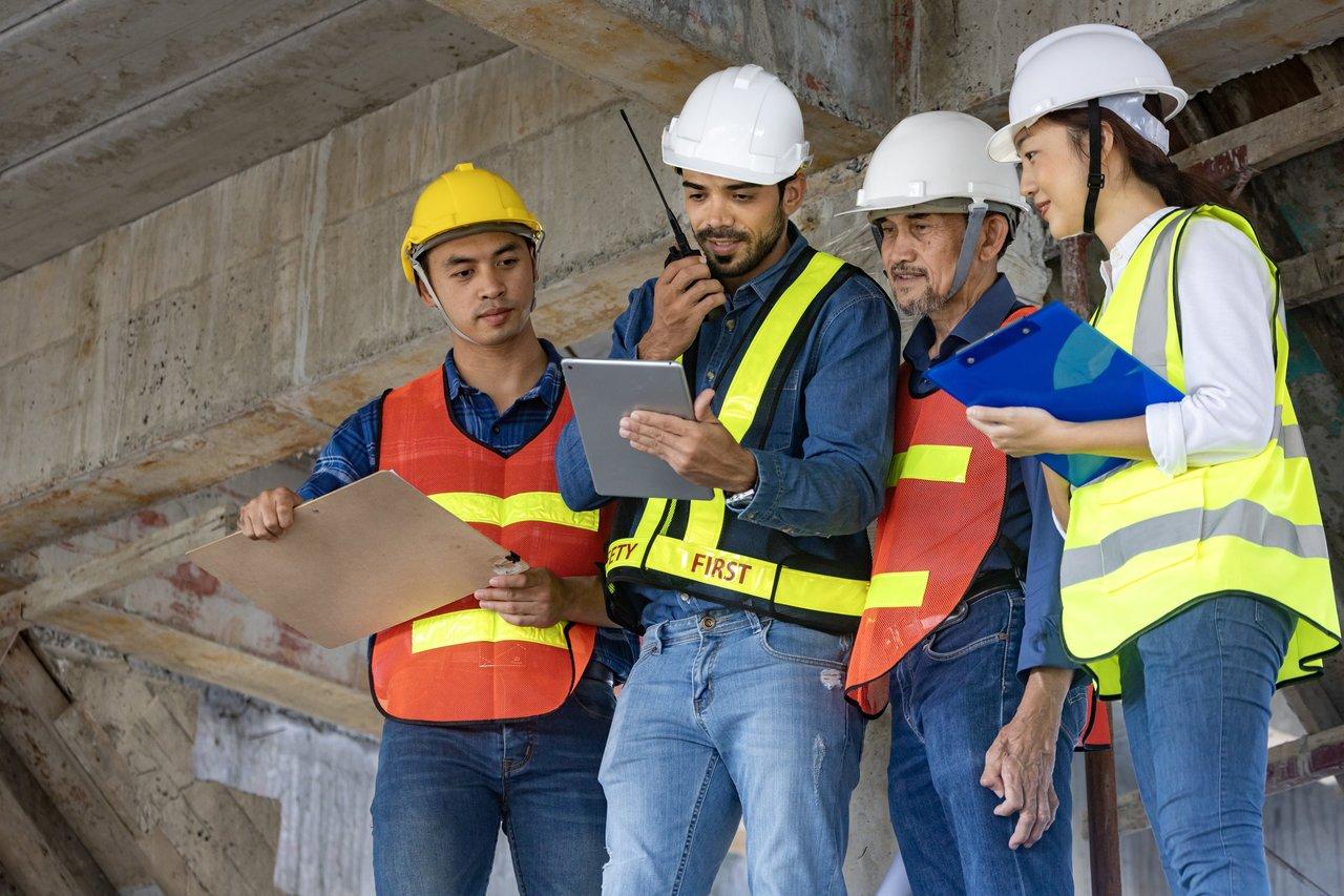 Réunion de coordination sur le chantier pour renforcer la sécurité, avec un expert en prévention des risques électriques.