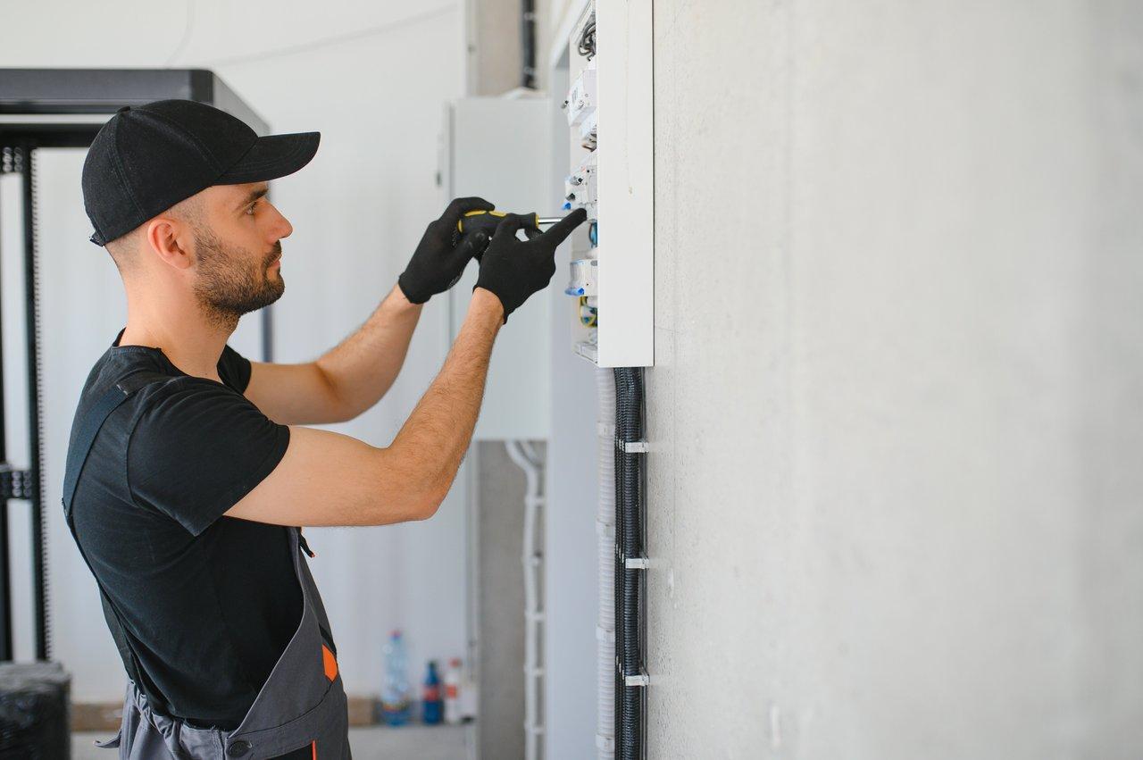 Un technicien effectuant une inspection visuelle et électrique d’un tableau électrique pour assurer la sécurité.